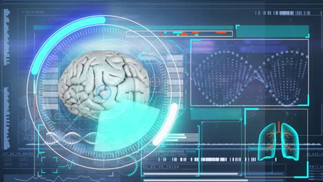 animación de escaneo de alcance y procesamiento de datos médicos con cerebro humano sobre pantalla digital