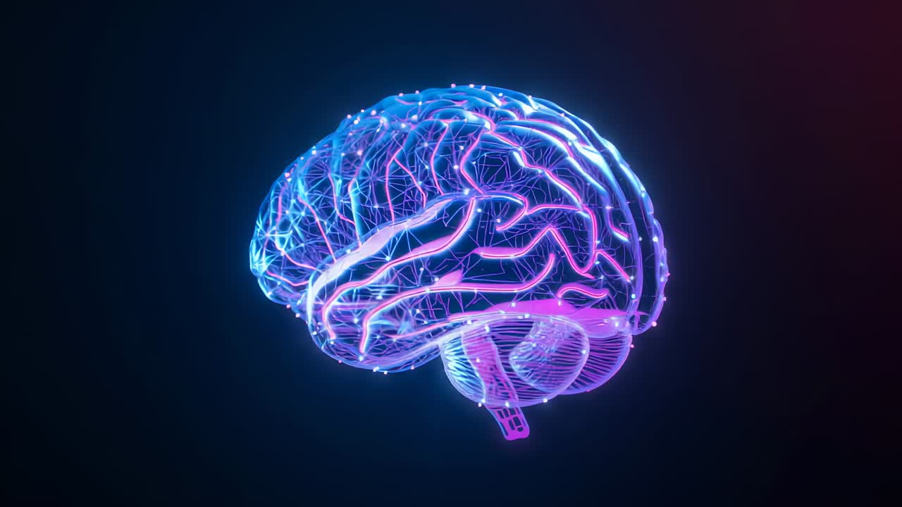 Glowing 3D brain model initiating rotation in dark void revealing neon filaments and pulsing nodes