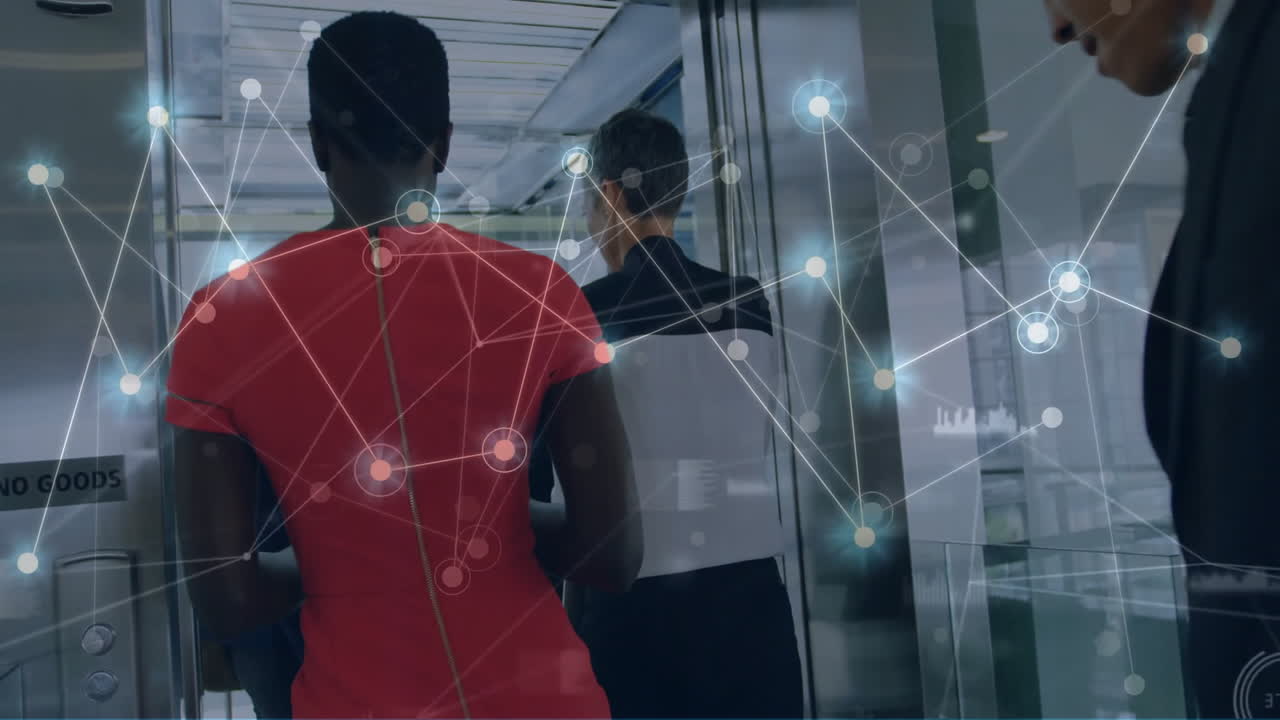 Animation of network of connections over diverse business people using elevator
