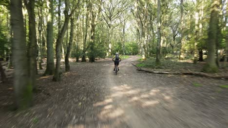 Drone-Rastreando-Rápidamente-A-Un-Ciclista-De-Montaña-A-Través-Del-Bosque-De-Epping