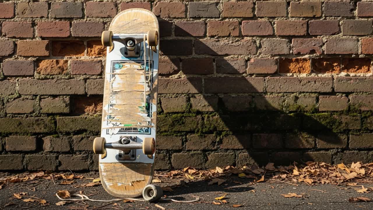 A Unique Perspective on an Abandoned Skateboard Leaning Against a Brick Wall Surrounded by Fallen Leaves and Casting a Long Shadow in the Morning Light