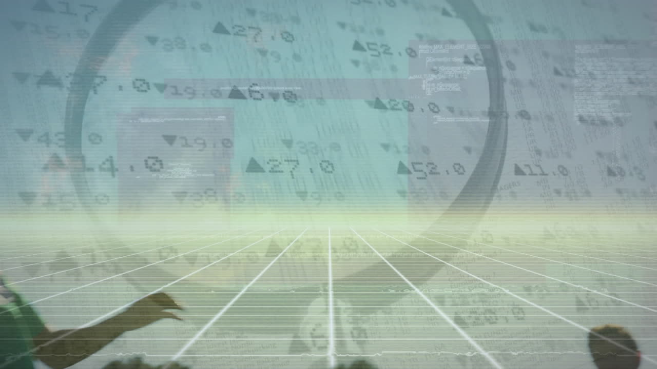 Animation of stock market data processing over african american male soccer player taking a throw in