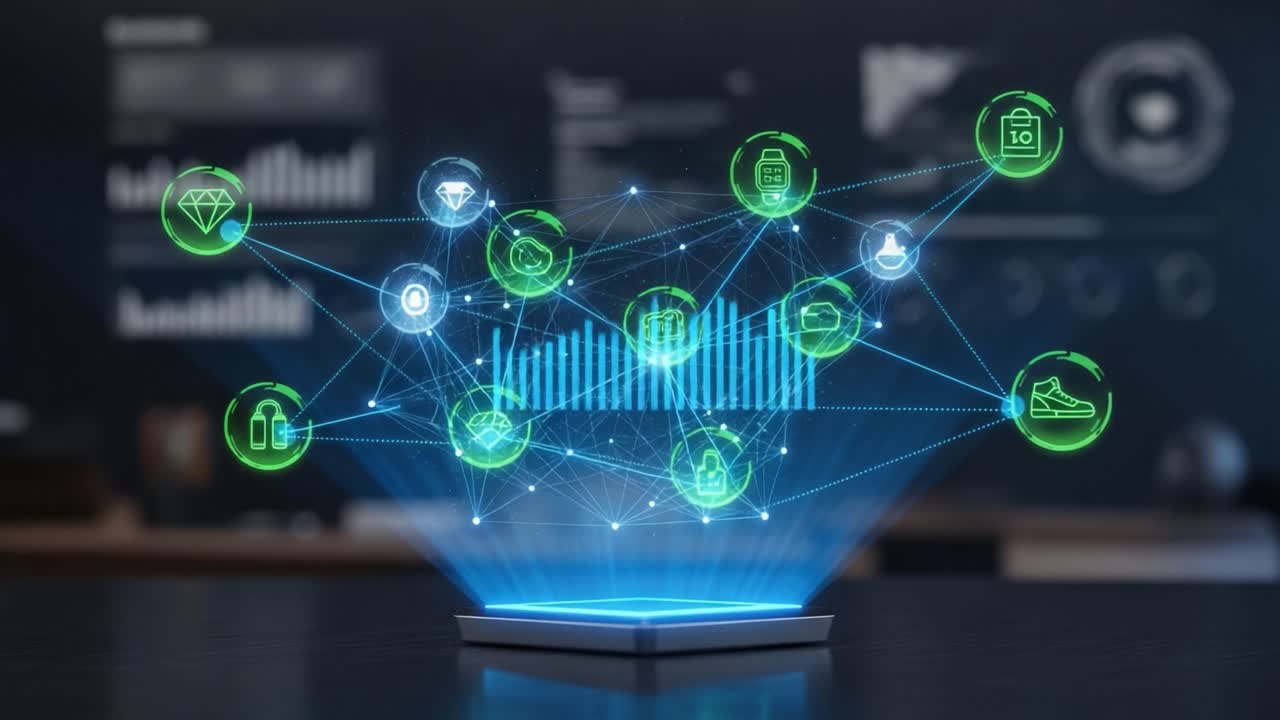 Una visualizzazione digitale completa di icone di prodotti connessi e metriche, che mostra tendenze e approfondimenti in un ambiente interattivo ad alta tecnologia