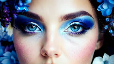 a woman with blue makeup and flowers in her hair