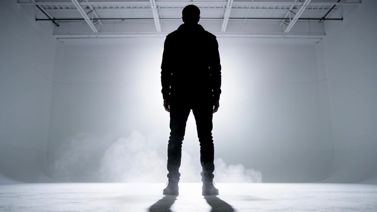 Uomo in piedi in uno studio bianco che indossa felpa con cappuccio e jeans, con retroilluminazione che crea nebbia e forma una lunga ombra.