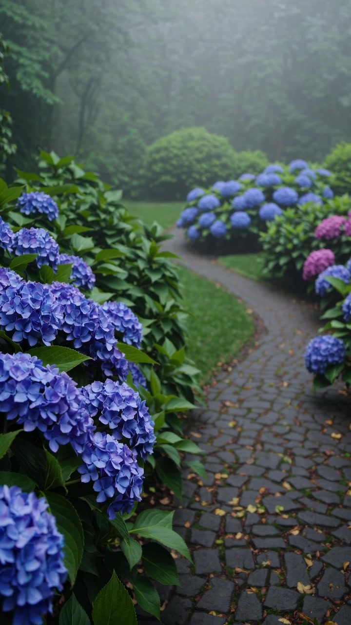 Cobblestone Path Through a Misty Garden with Blooming Blue Hydrangeas