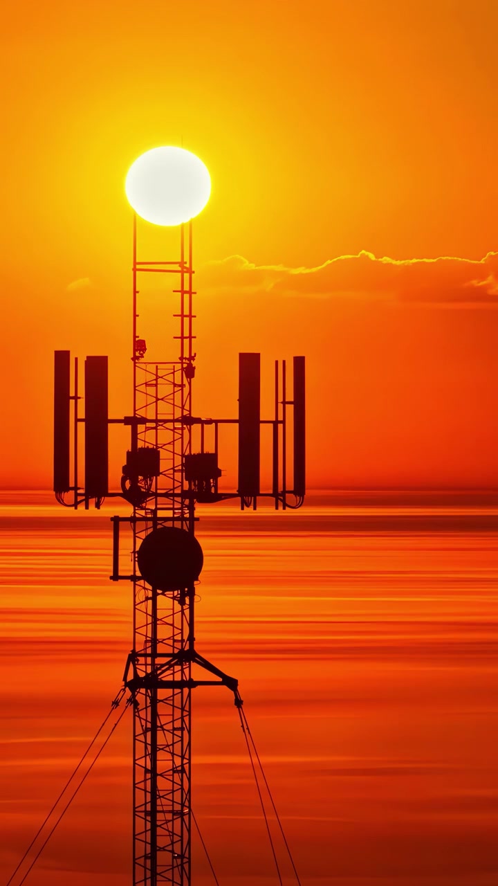 Silhouette di un traliccio per cellulari con il cielo al tramonto mentre il sole cala dietro la struttura dell'antenna.