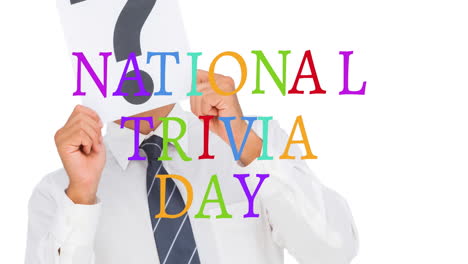 animación del día nacional de trivia texto sobre hombre de negocios caucásico con signo de interrogación