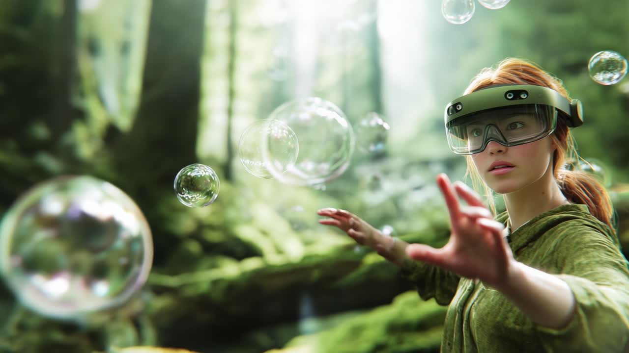 A young woman wearing augmented reality glasses interacts with floating bubbles in a lush, green forest, experiencing a magical blend of technology and nature in a serene environment