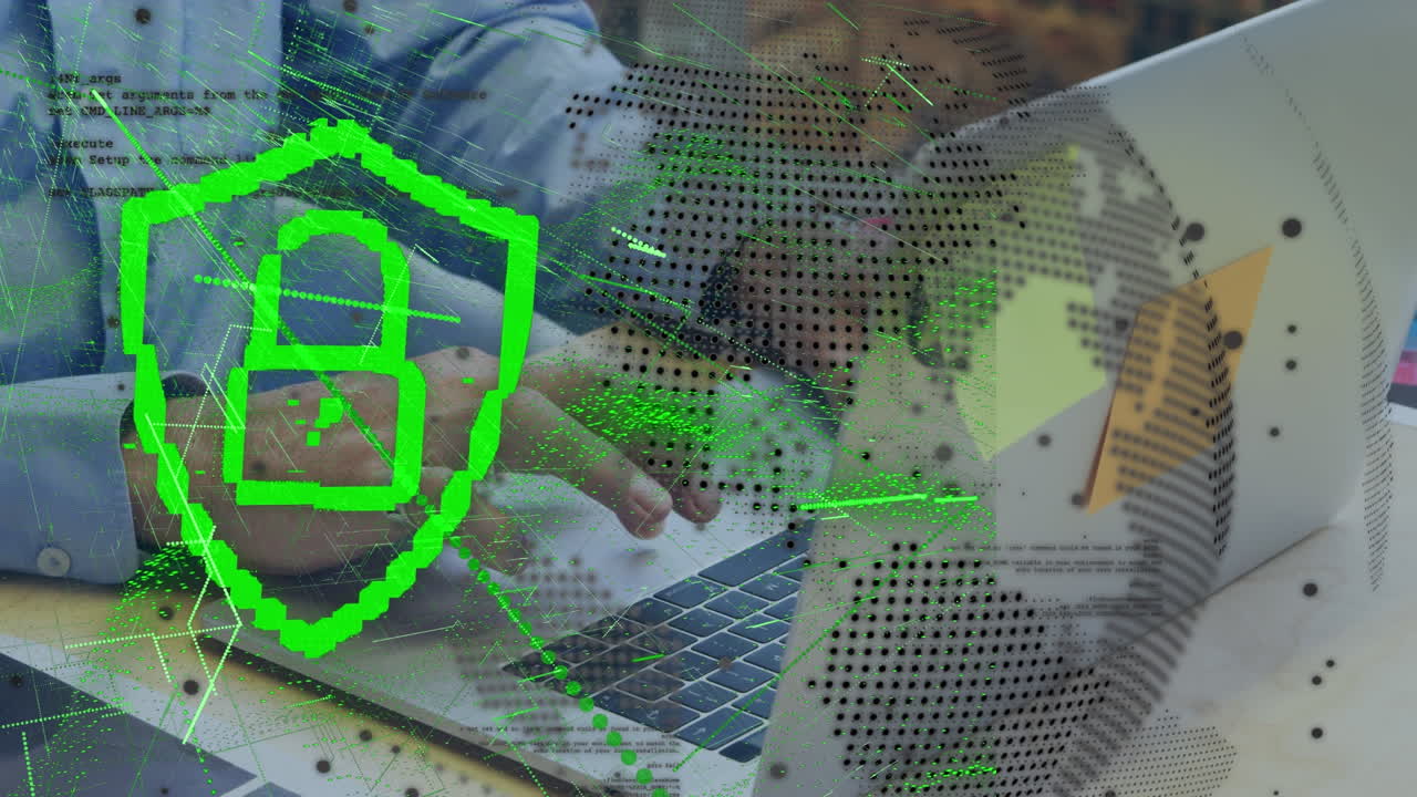 animación del procesamiento de datos sobre un hombre de negocios biracial usando una computadora portátil