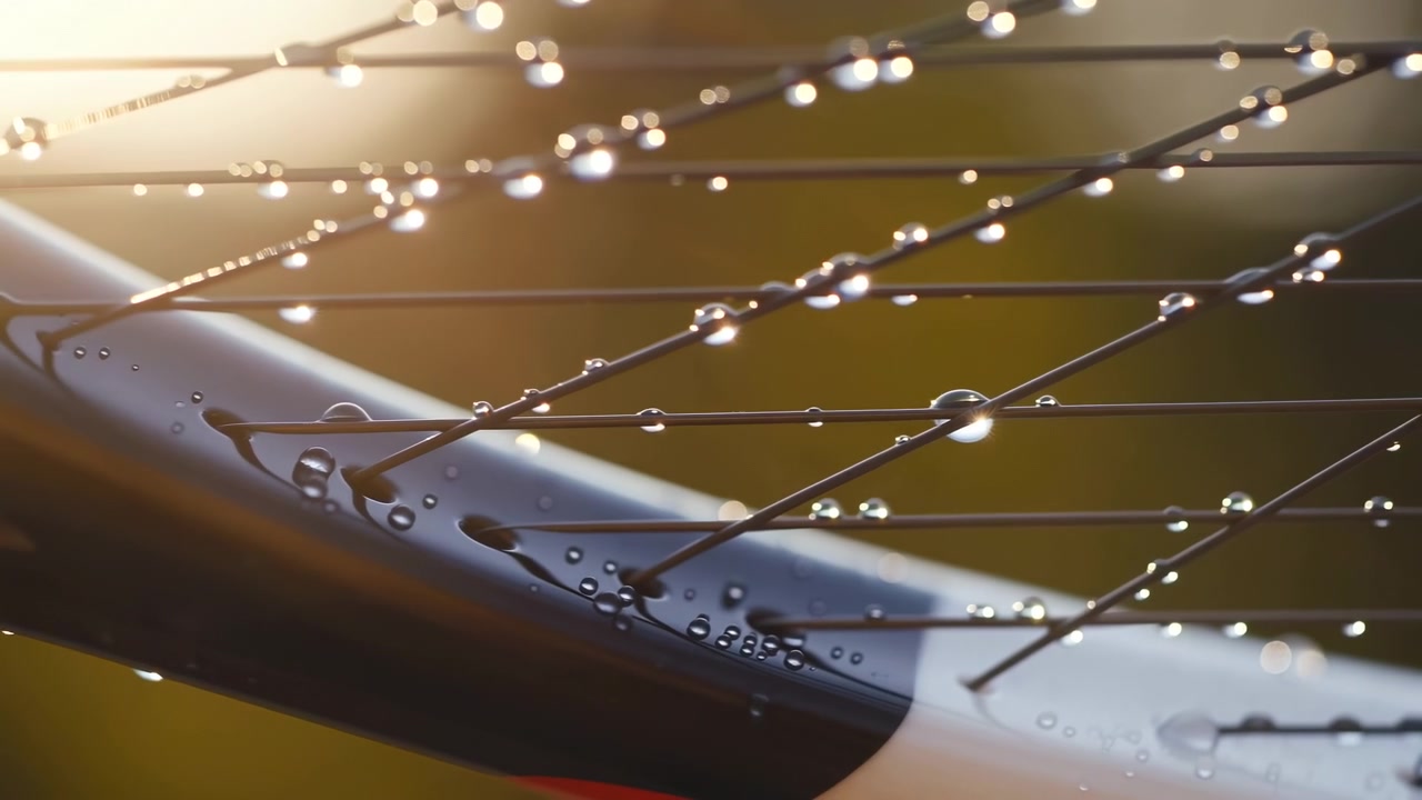 Macro view of a bicycle wheel rim and taut steel spokes dotted with fine water droplets, lit by warm golden backlight. Glossy metal surfaces and bead-like
