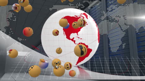 multiple face emojis floating over spinning globe and world map against computer server room