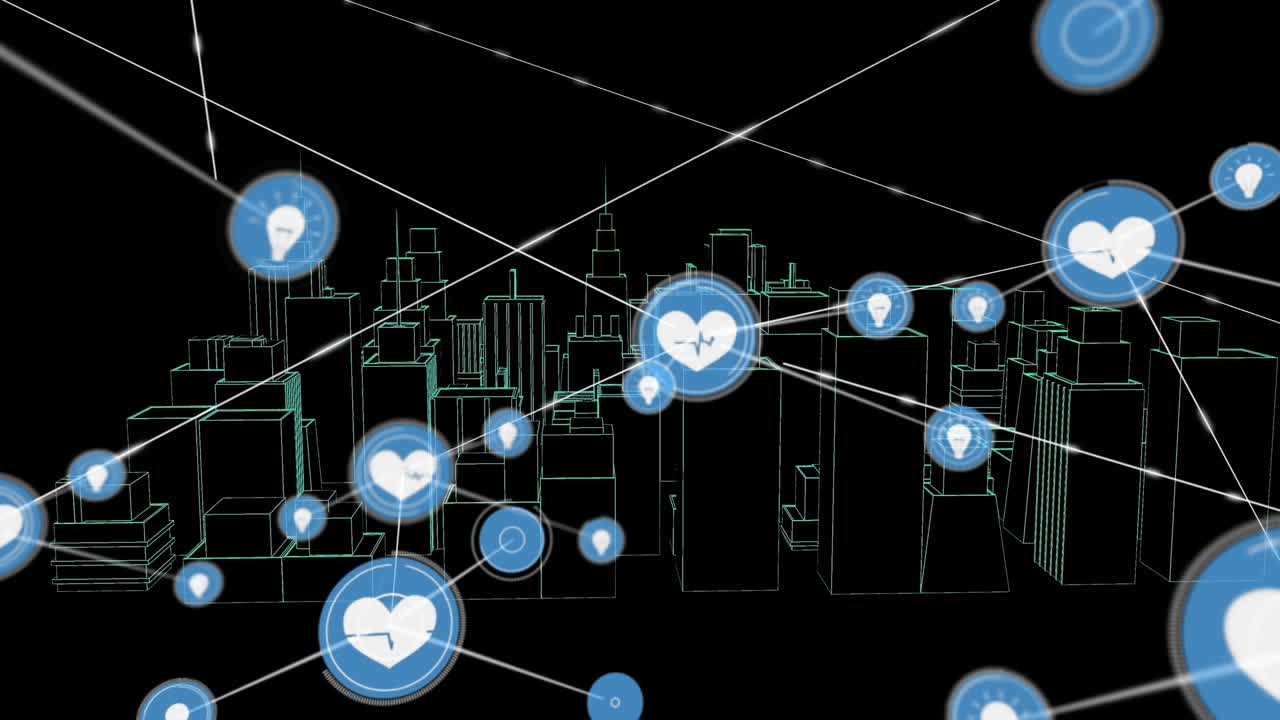 검은 바탕에 회전하는 3d 도시 그림 위에 아이콘으로 연결된 네트워크의 애니메이션