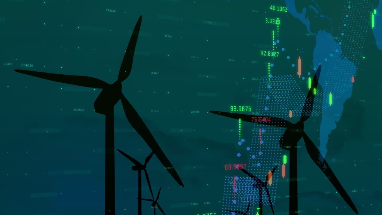 Animation of data processing over world map and wind turbines