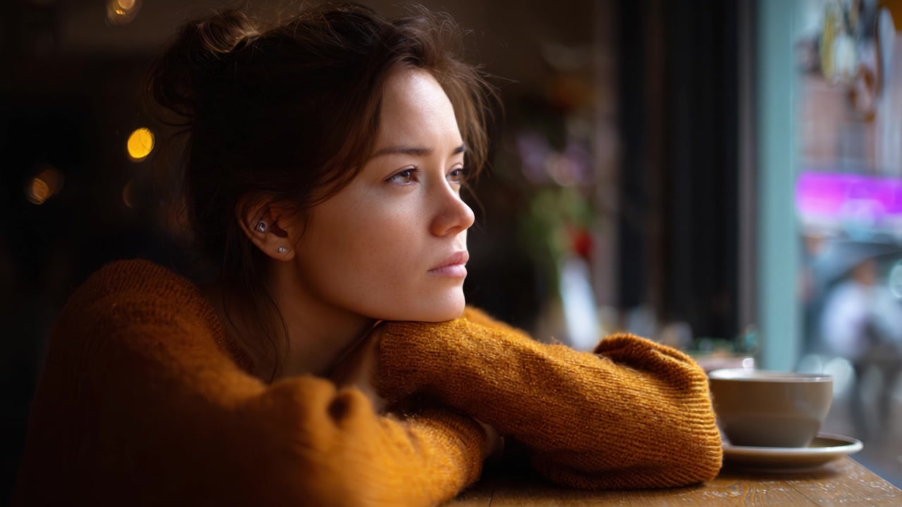 A Thoughtful Moment: A Young Woman in a Cozy Cafe Gazes Out the Window, Immersed in Reflection, Surrounded by a Warm Atmosphere and Soft Lighting.