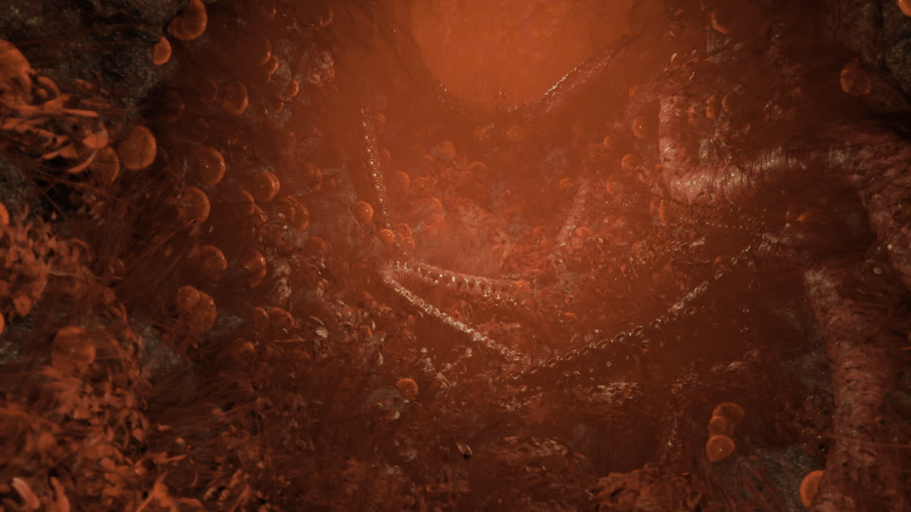 Detailed view of a deep luminous cavern filled with organic structures