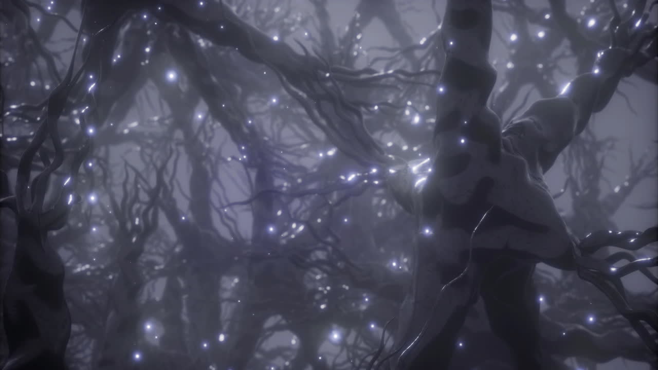 Intricate web of neurons illuminated by ethereal lights in a dark realm