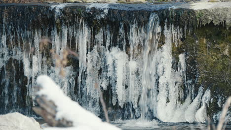 small waterfall in the frozen river, static close up, slow motion