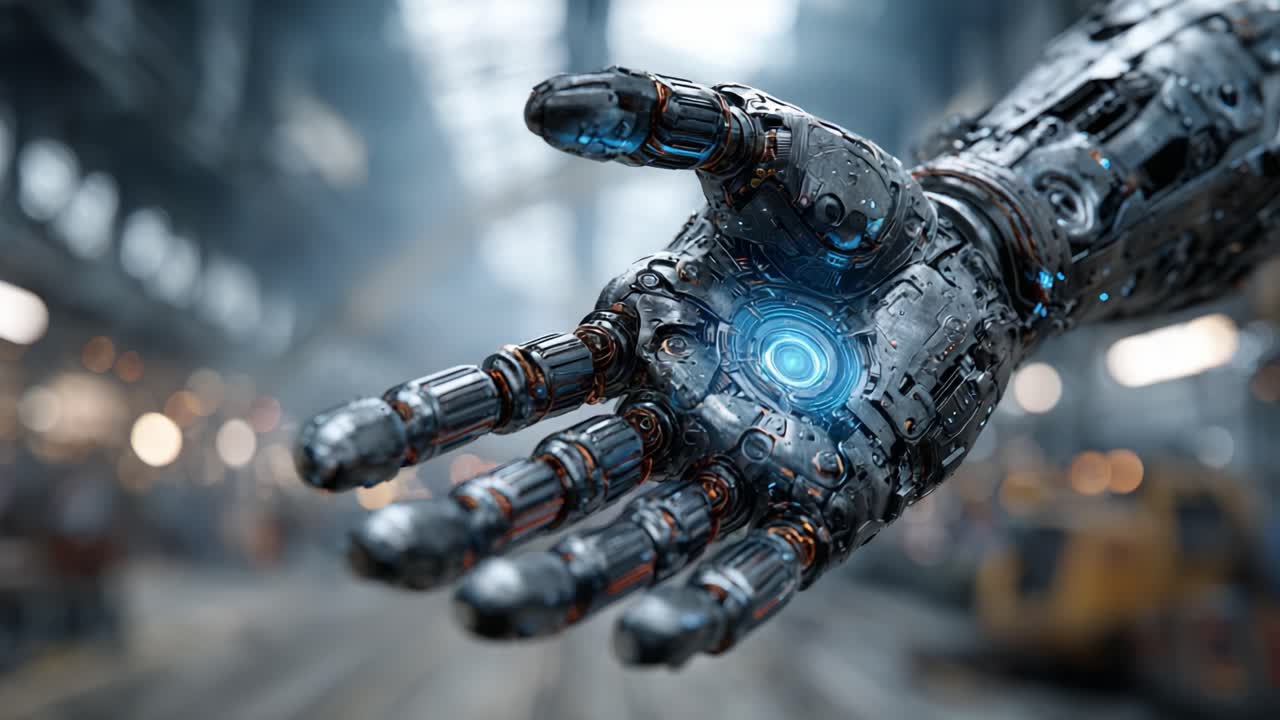 Robotik bir el, fütüristik bir ortamda olasılıklar ve inovasyonla dolu, gelişmiş teknolojiyi sergileyen ışıltılı bir enerji küresi ortaya çıkarıyor