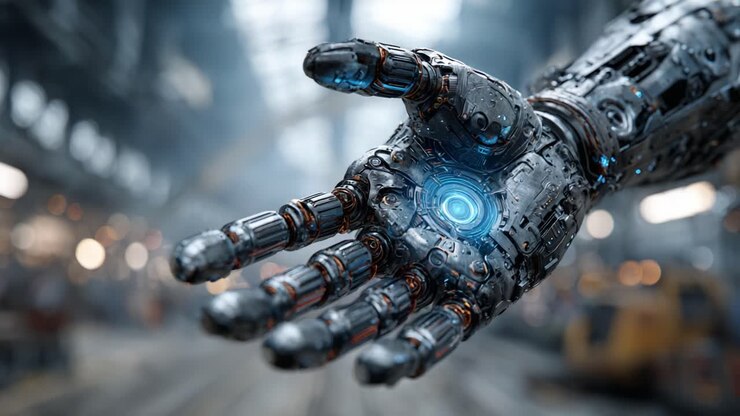 Una mano robotica sprigiona una sfera di energia radiosa, mostrando la tecnologia avanzata in un ambiente futuristico pieno di possibilità e innovazione