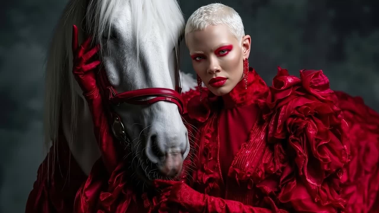 A woman in a red dress standing next to a white horse