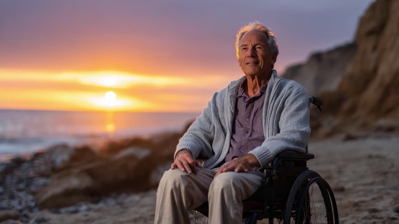 Elderly Man in Wheelchair Enjoys Beautiful Sunset by the Ocean, Reflecting on Life's Journey and Nature's Beauty, Captured in Serene Coastal Setting