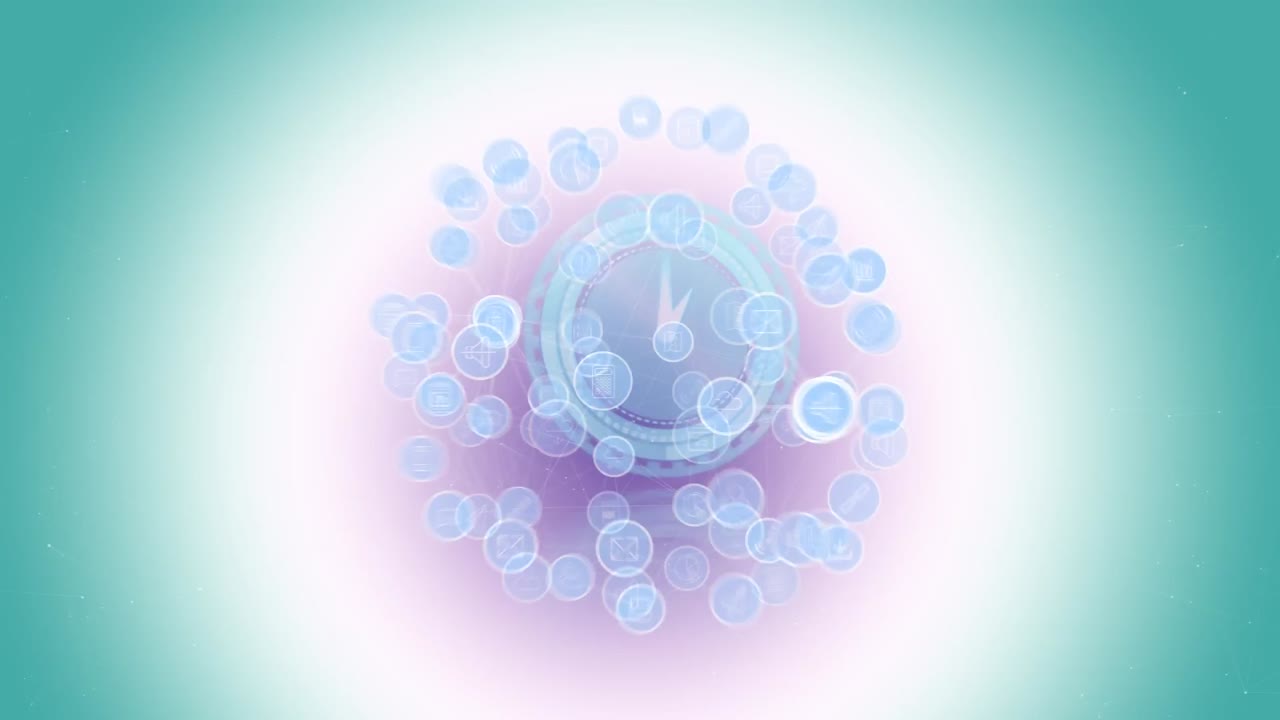 초록색과 보라색 배경에 아이콘과 연결된 시계의 애니메이션