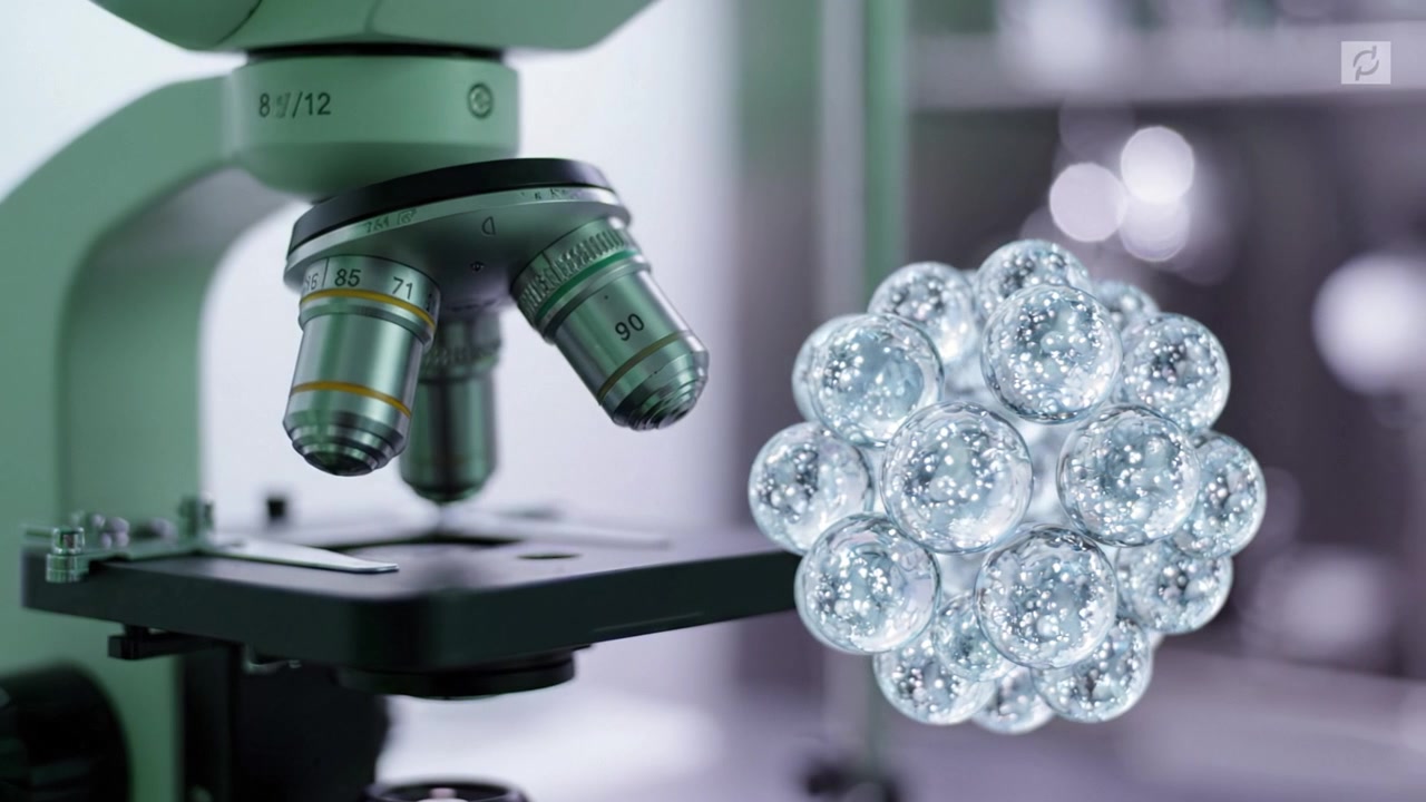 Exploring Microscopic Life: Detailed View of a Microscope and Cellular Structure Representation in a Scientific Laboratory Setting