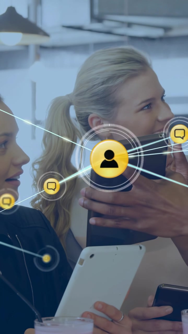 Vertical video: Woman leaning, man holding phone starting network mesh covering faces for business