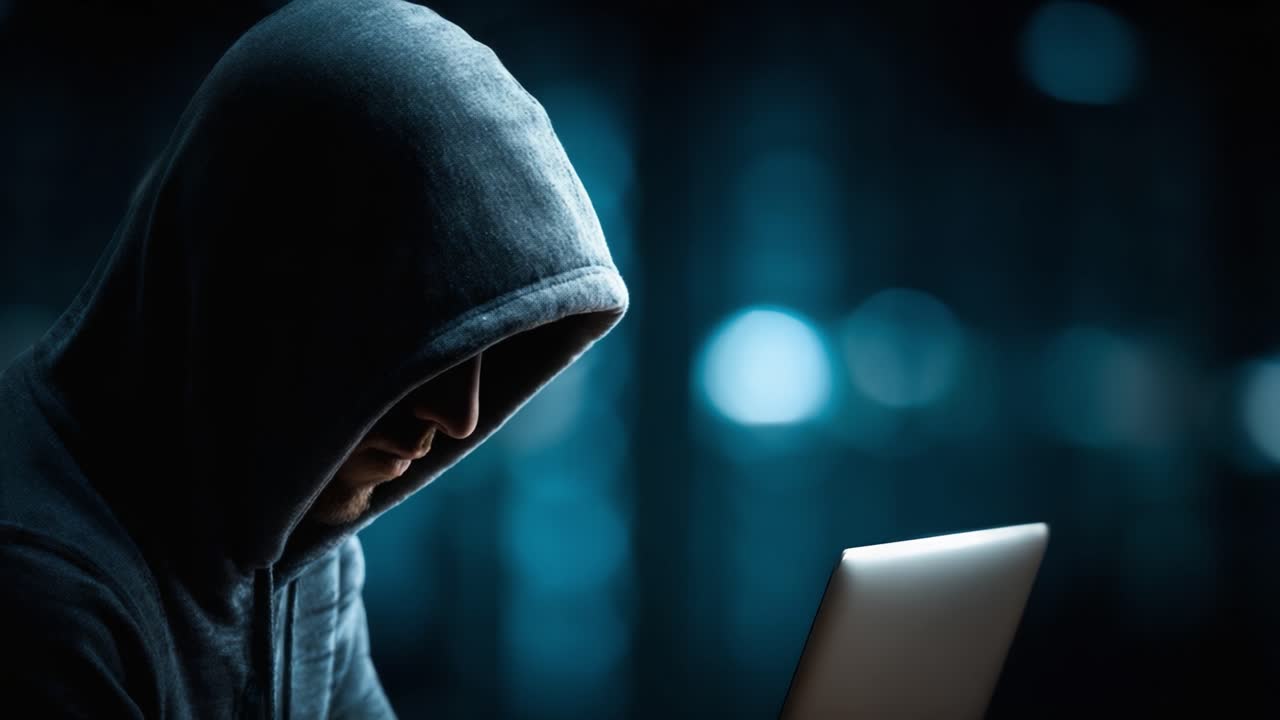 Una figura misteriosa in profonda concentrazione: la presenza oscura di un individuo incappucciato che si concentra su un laptop in un ambiente etereo e fiocamente illuminato
