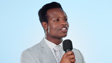 microphone, smile and black man in a studio