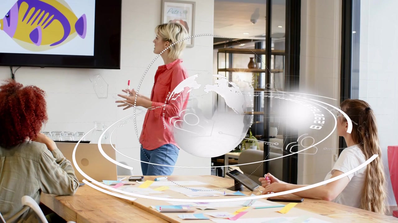Lead using red marker and starting globe orbiting while pointing at fish graphic for design review