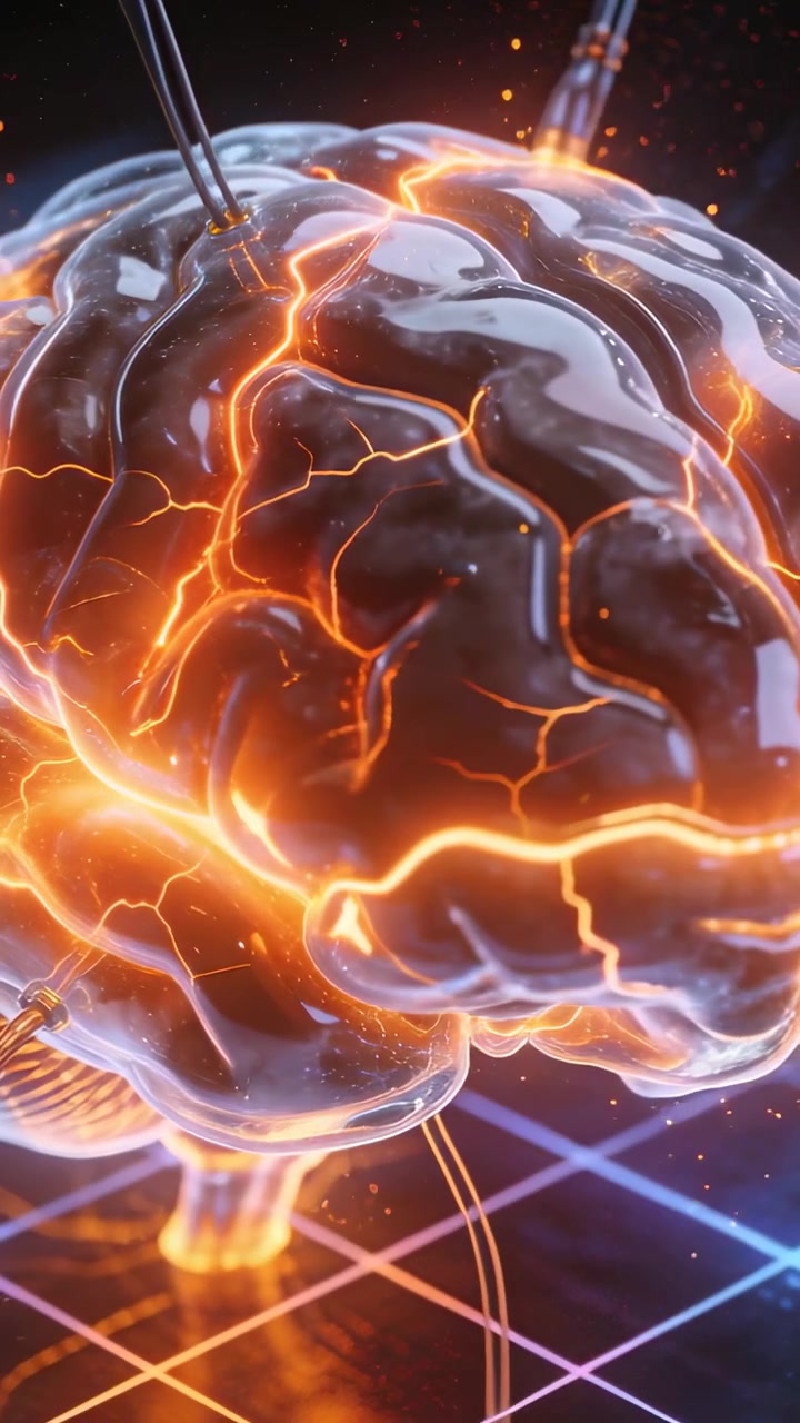 Vertical video: Descending probes attaching to translucent brain model above neon grid sending data