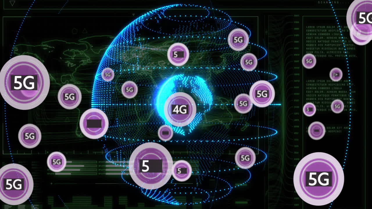 animación de conectividad de red 5g sobre globo digital con nodos interconectados