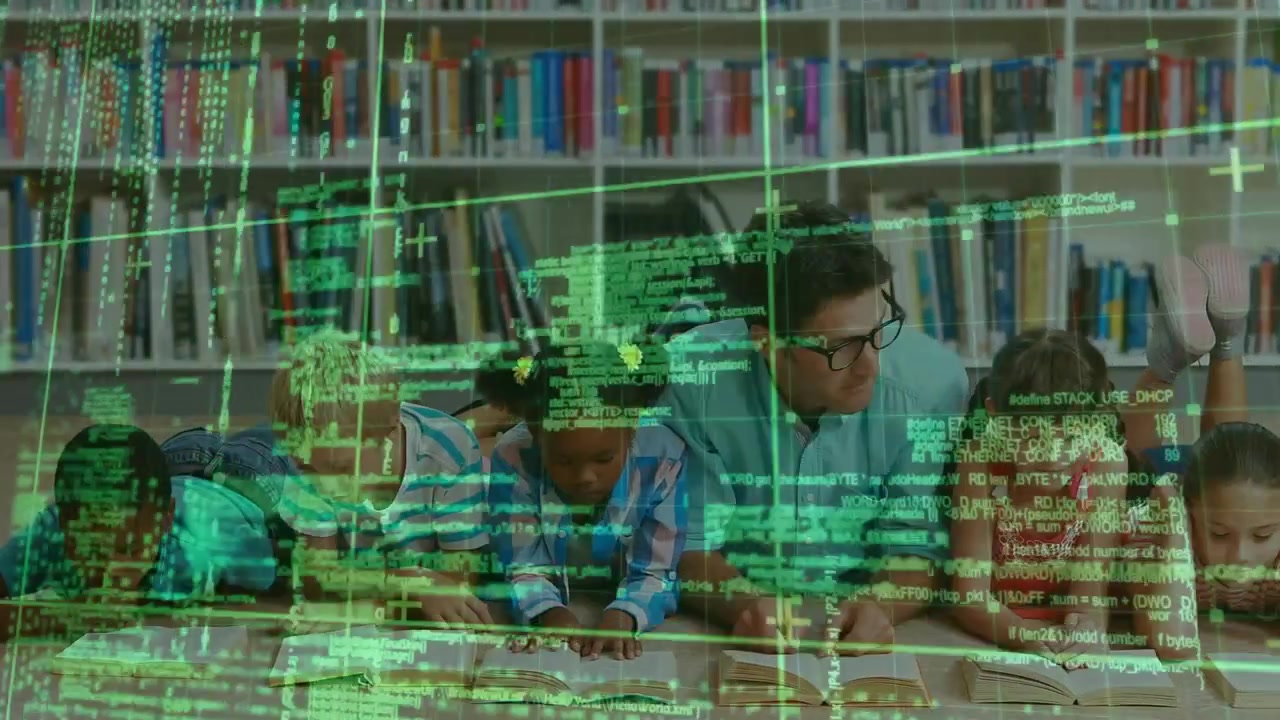 Children and teacher lying reading while code overlay shifting and thinning revealing library scene