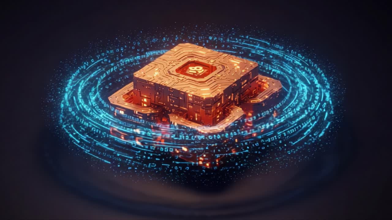 Dazzling Digital Architecture: A High-Tech Visualization of a Central Processing Unit Surrounded by Streams of Binary Code and Glowing Particles Illustrating Computational Power