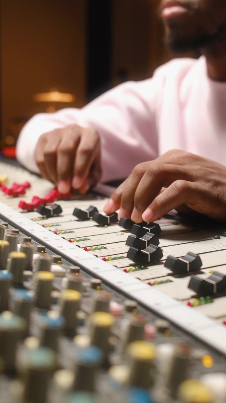 Close Up of a Black Audio Engineer Tweaking Knobs and Faders on Mixing Console