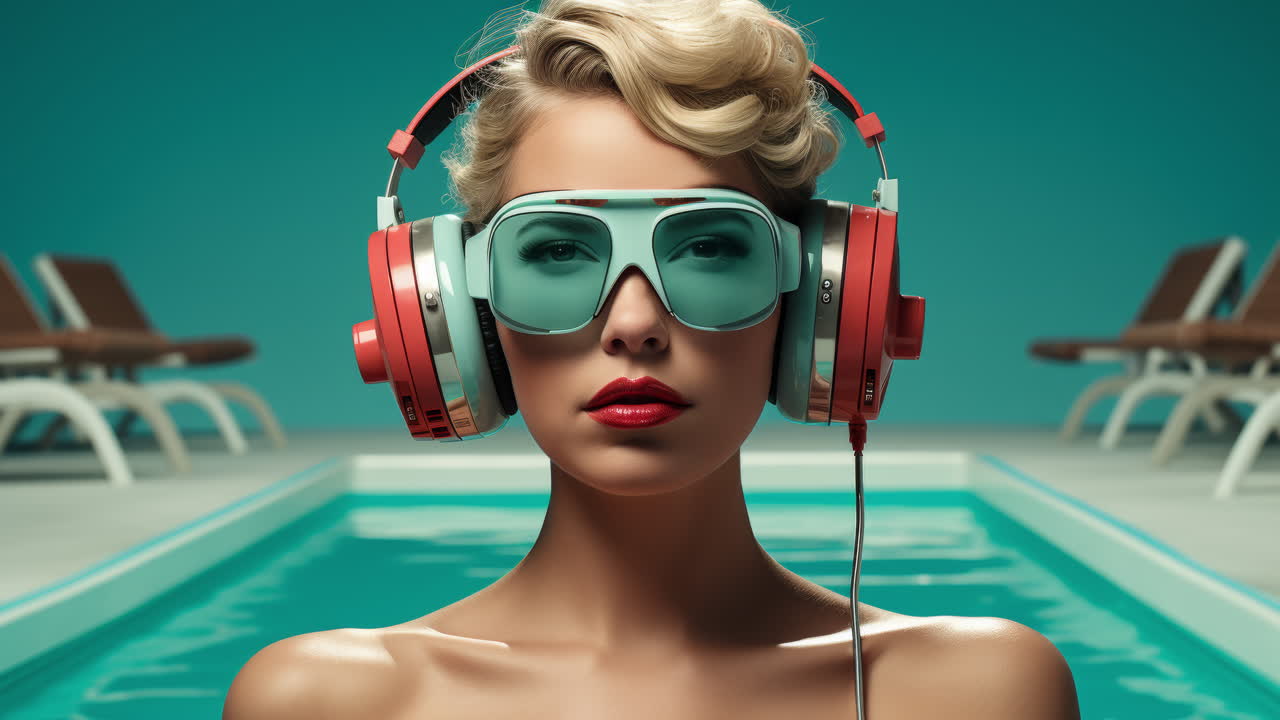 레트로 우주 시대 여성 동기화 수영 선수는 생성 ai로 만들어졌습니다.