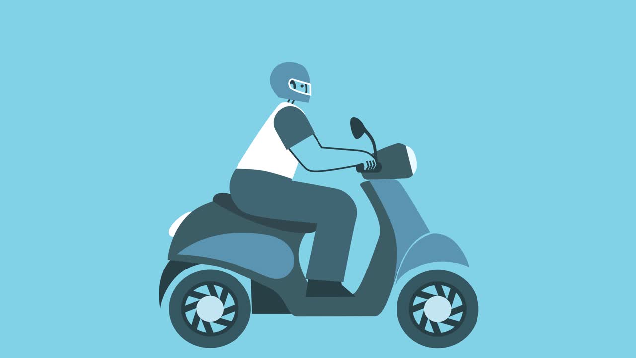 평평한 남자 모터 스쿠터를 타고 평평한 디자인 만화 캐릭터 고립 루프 2d 애니메이션