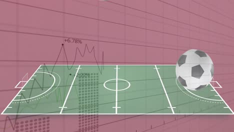 procesamiento de datos estadísticos sobre múltiples pelotas de fútbol que caen en el campo de fútbol contra un fondo rojo