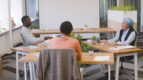 muslim businesswoman, businesswoman and young worker are working sitting on their desk while talking to each others in the office 3