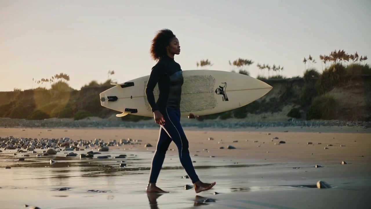 Surfista donna che cammina in muta, portando una tavola da surf su una spiaggia bagnata al tramonto, pronta a cavalcare le onde.