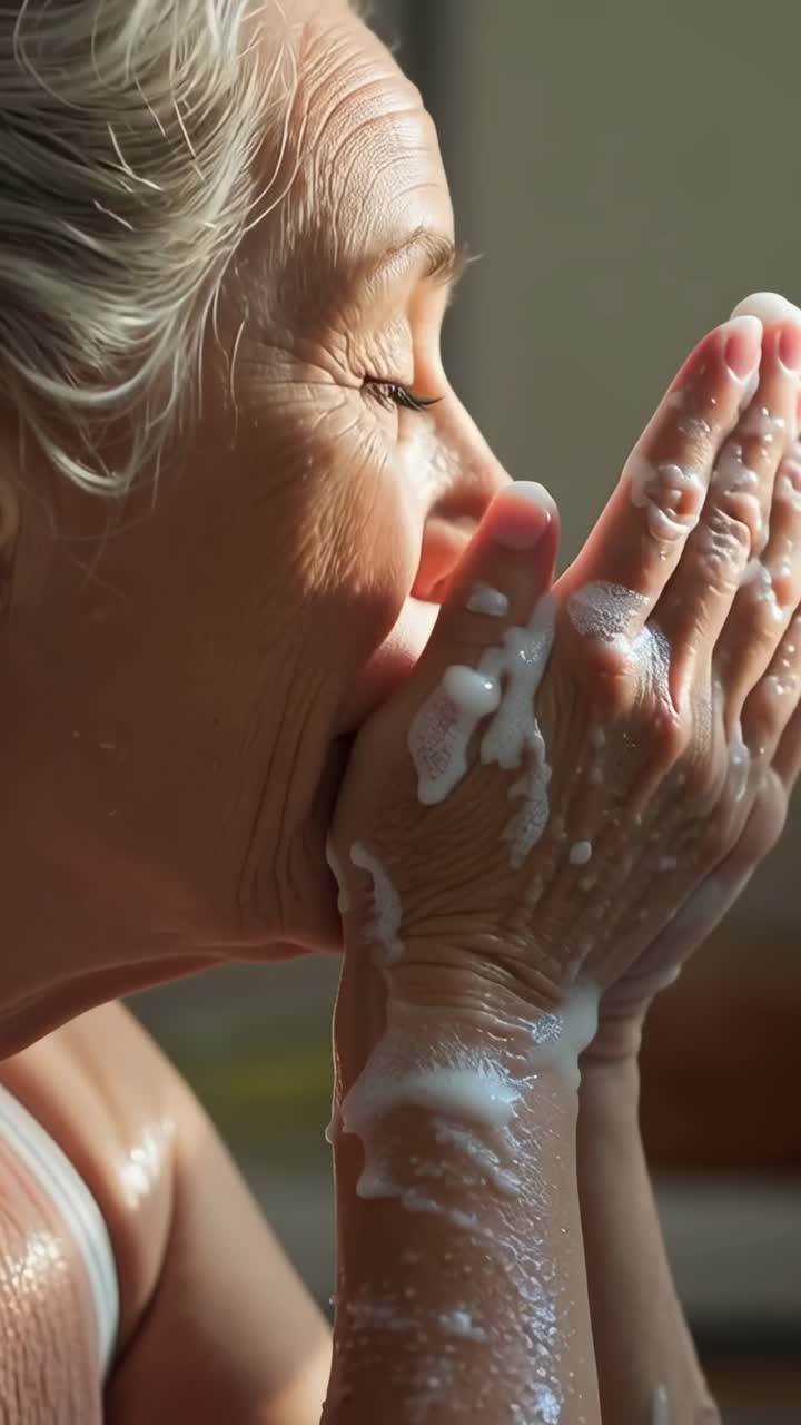 Vertical video: Lathering senior woman in tank top cleansing face with foam at vanity, copy space