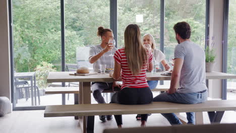 four young adult friends celebrating and raising wine glasses during a dinner party, back view