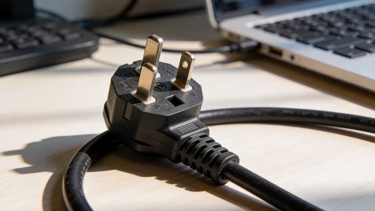 Camera tightening bringing black 3-prong plug closer to highlight prongs by silver laptop on desk