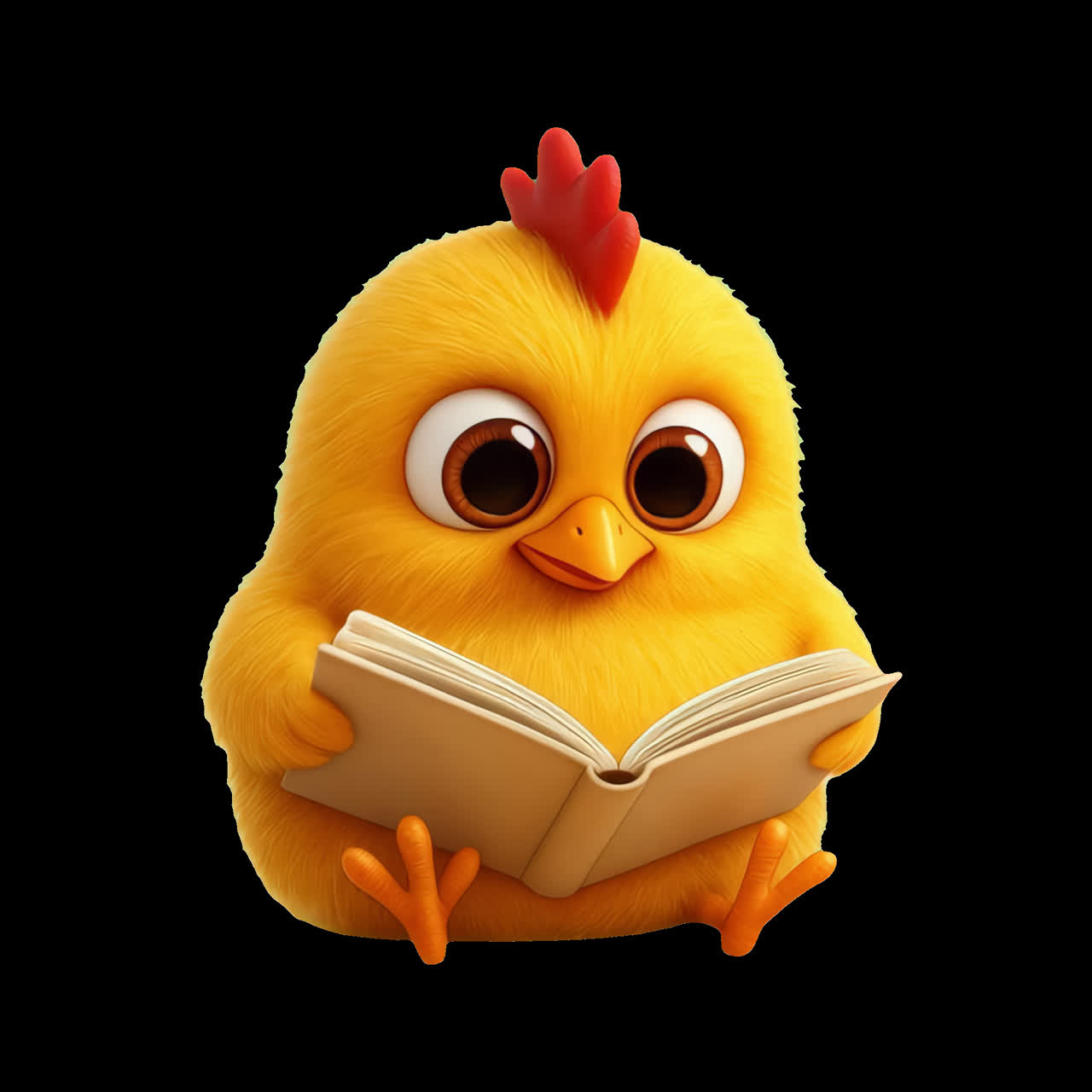 Cute fluffy chick reading animation isolated asset, transparent 4K video, alpha channel, ProRes 4444
