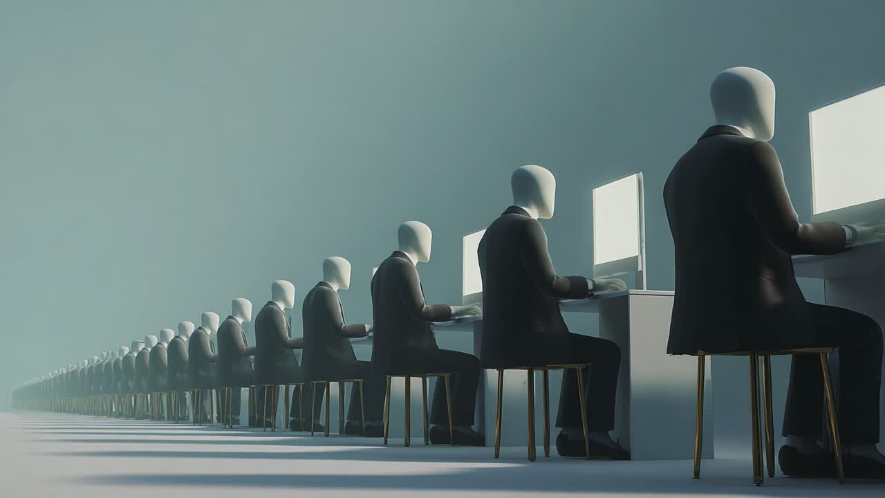 An intriguing visual representation of a series of faceless figures seated at computers, symbolizing themes of anonymity, automation, and the digital age in a minimalist environment