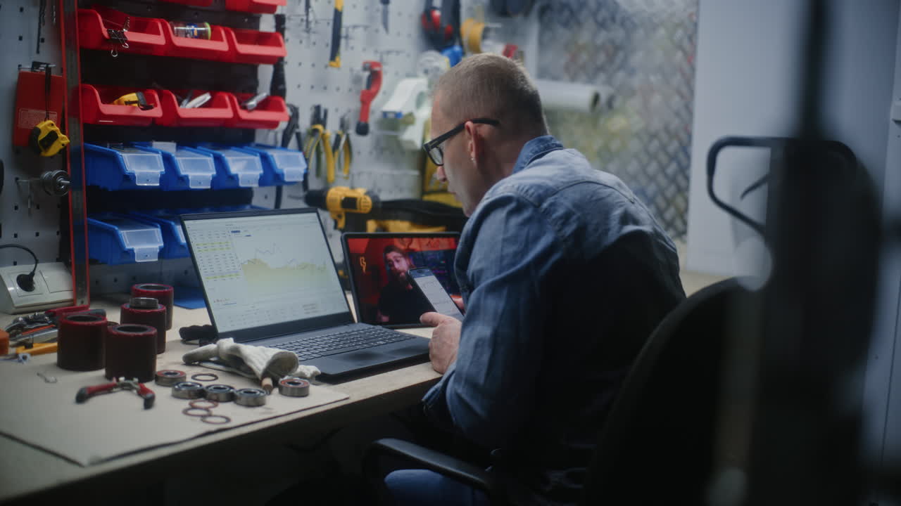 Handyman Doing Manual Work, Checking Real-Time Stocks, Exchange Market Charts on Laptop and Digital Tablet. Man Making Investments During Working Hours in Workshop, Combining Job with Online Trading