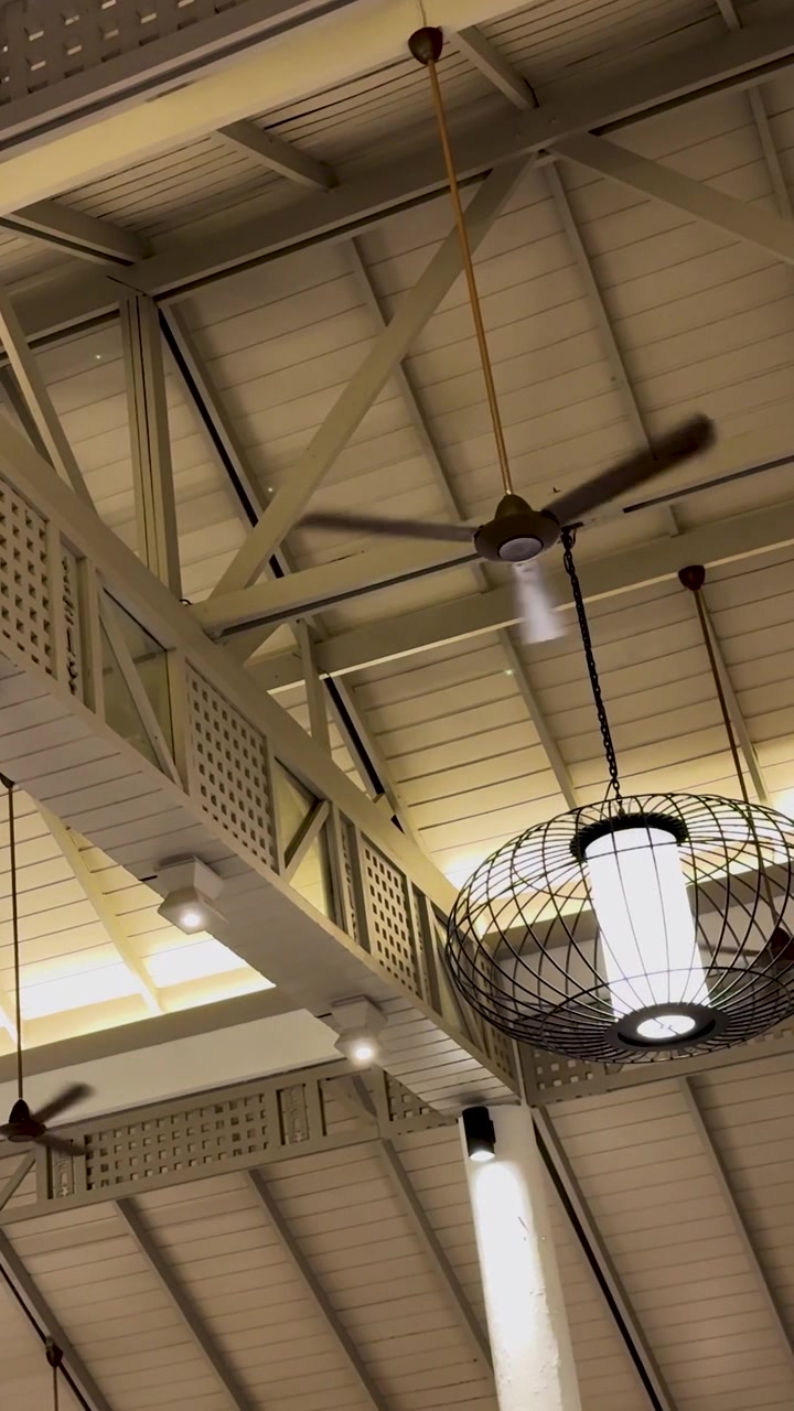 Una ripresa verticale dal basso di un ventilatore a soffitto che gira e di un apparecchio di illuminazione a sospensione in stile industriale.