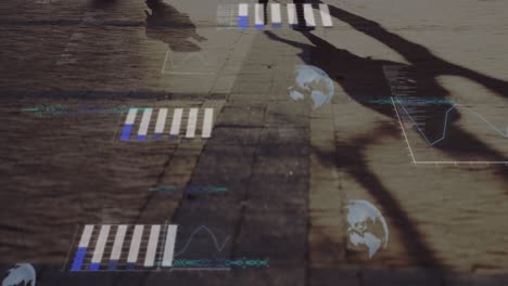 animación de globos y procesamiento de datos financieros sobre el pavimento.
